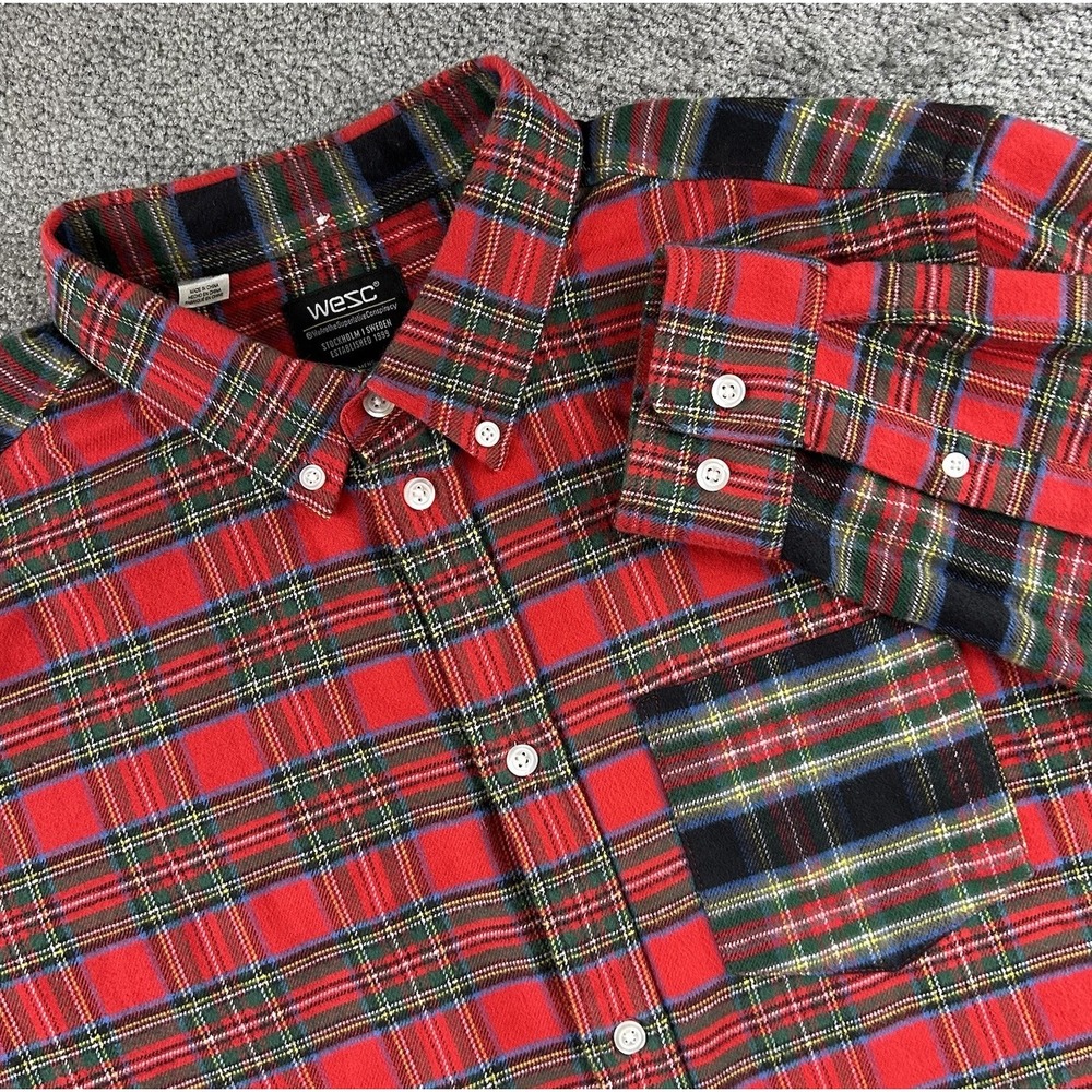 WeSC Mens Medium Red Plaid Flannel Button Down Shirt Contrast Tartan Sleeves